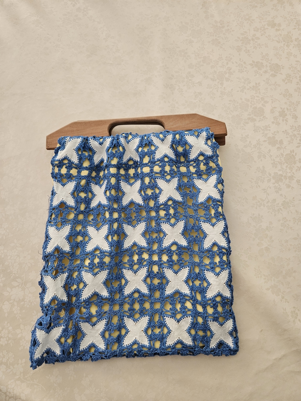 Handmade Yellow & Blue Crochet Overlay Bag with Wooden Handles